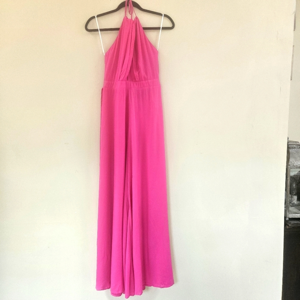 Aakaa Palazzo Style Maxi Jumpsuit Vibrant Pink Backless Halter Women Size S NWT